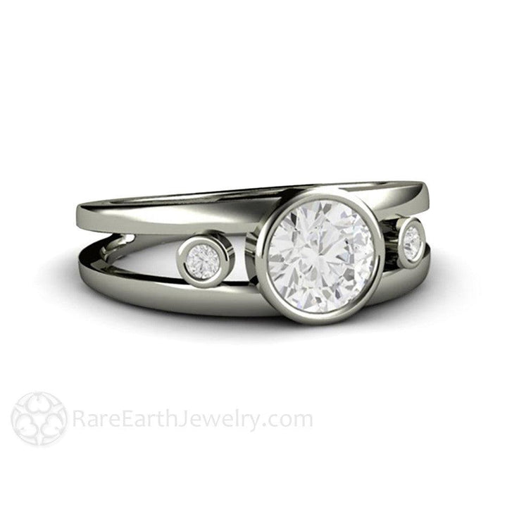 Bezel Set Moissanite Engagement Ring | Split Shank 3 Stone Modern Design, Rare Earth Jewelry