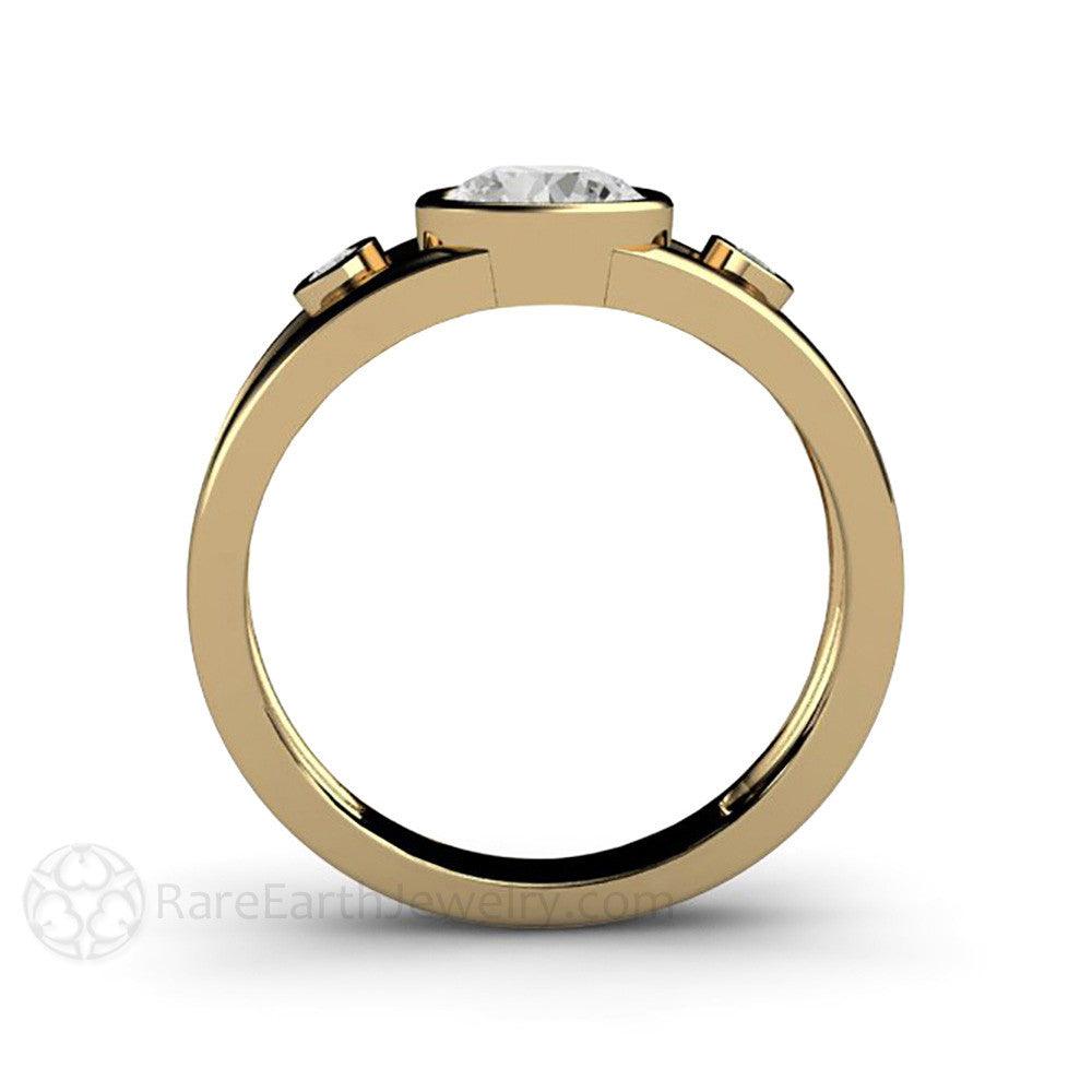 Bezel Set Moissanite Engagement Ring | Split Shank 3 Stone Modern Design, Rare Earth Jewelry