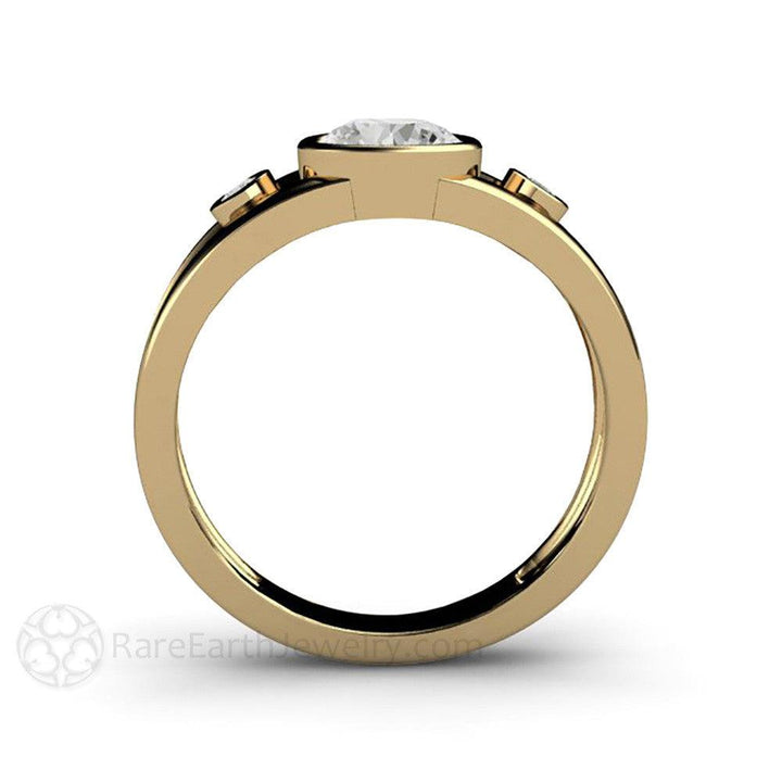 Bezel Set Moissanite Engagement Ring | Split Shank 3 Stone Modern Design, Rare Earth Jewelry