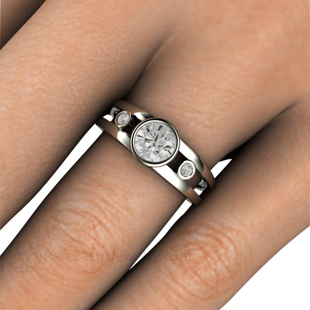 Bezel Set Moissanite Engagement Ring | Split Shank 3 Stone Modern Design, Rare Earth Jewelry