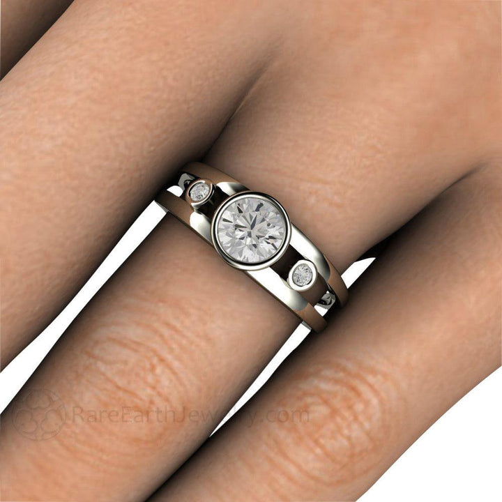 Bezel Set Moissanite Engagement Ring | Split Shank 3 Stone Modern Design, Rare Earth Jewelry