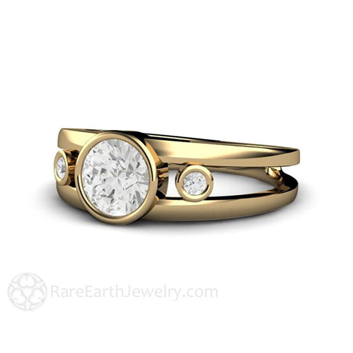 Bezel Set Moissanite Engagement Ring | Split Shank 3 Stone Modern Design, Rare Earth Jewelry