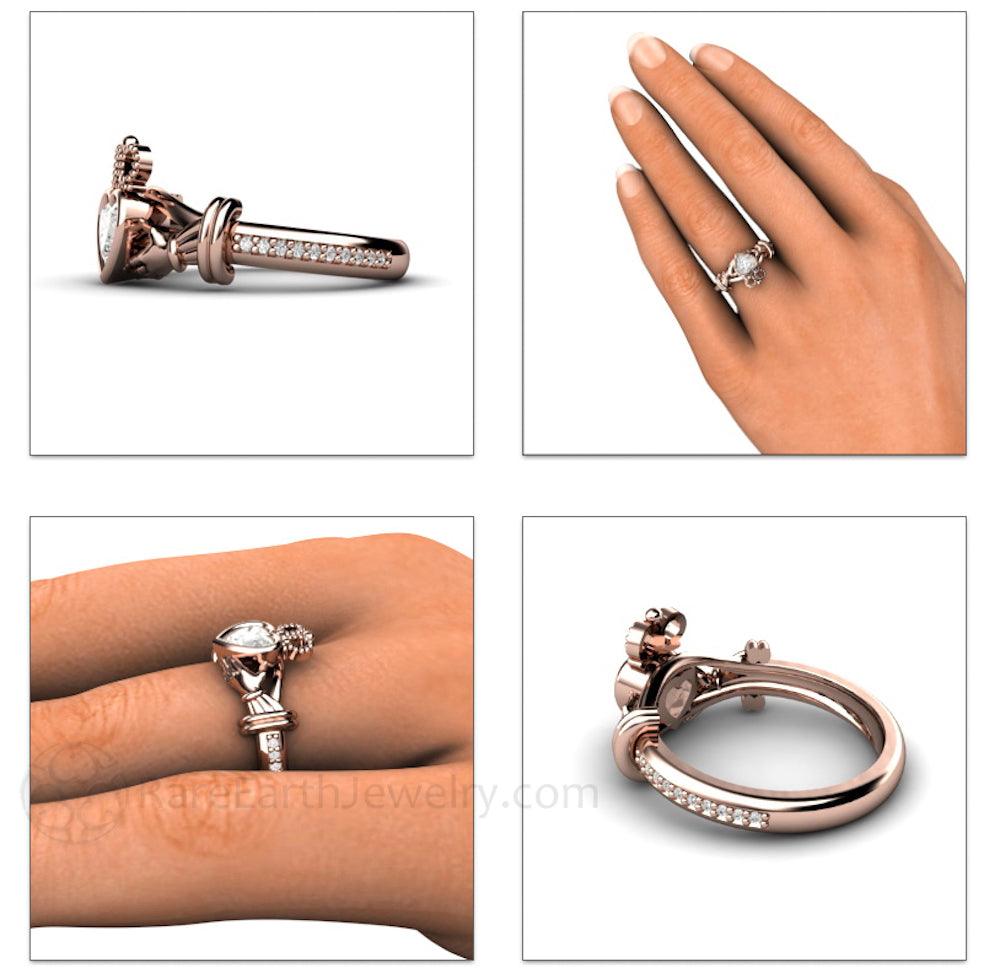 Moissanite Claddagh Ring Irish Wedding Promise or Engagement Ring, Rare Earth Jewelry