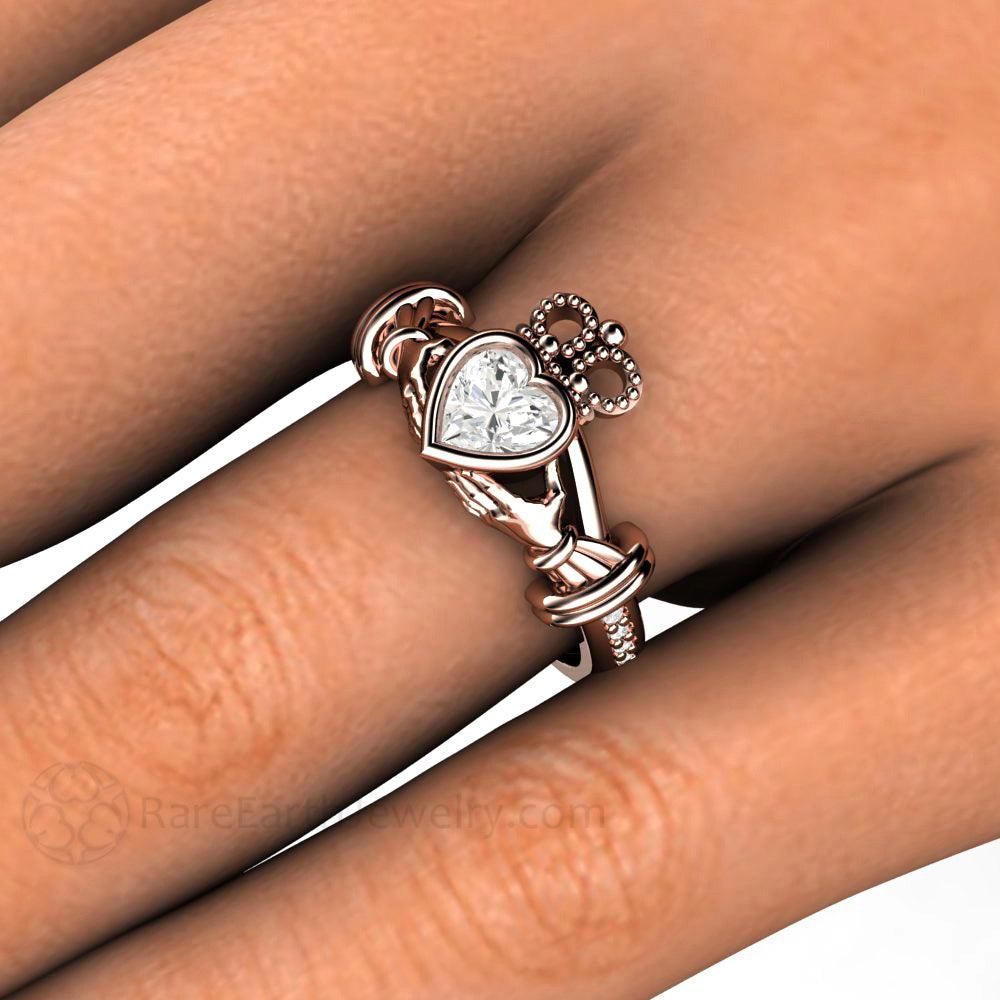 Moissanite Claddagh Ring Irish Wedding Promise or Engagement Ring, Rare Earth Jewelry