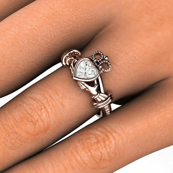 Moissanite Claddagh Ring Irish Wedding Promise or Engagement Ring, Rare Earth Jewelry