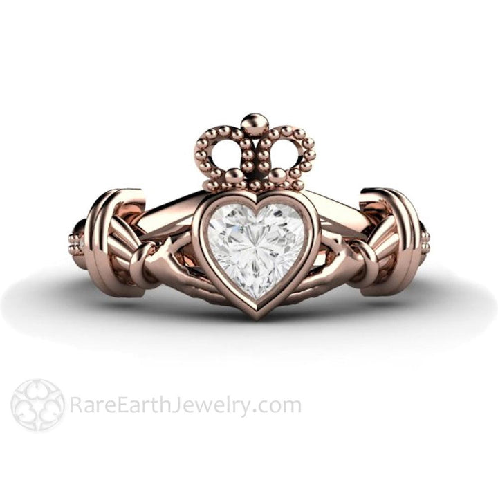 Moissanite Claddagh Ring Irish Wedding Promise or Engagement Ring, Rare Earth Jewelry