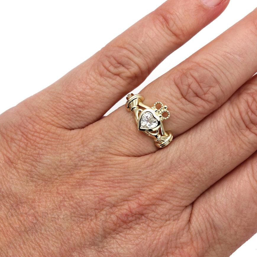 Moissanite Claddagh Ring Irish Wedding Promise or Engagement Ring, Rare Earth Jewelry