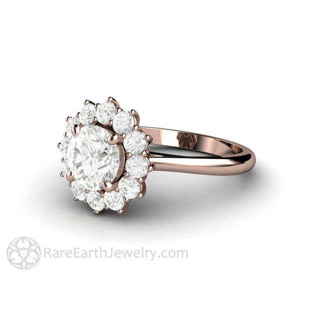 Moissanite Cluster Engagement Ring 7mm Round Forever One Colorless 14K Rose Gold - Engagement Only - Rare Earth Jewelry