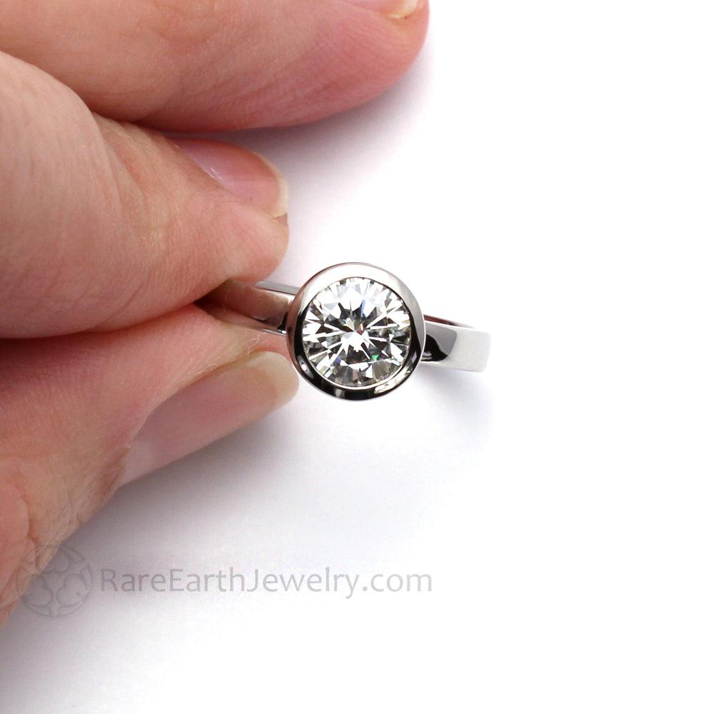 Bezel Set Moissanite Engagement Ring | 1ct Round Forever One Moissanite Solitaire, Rare Earth Jewelry