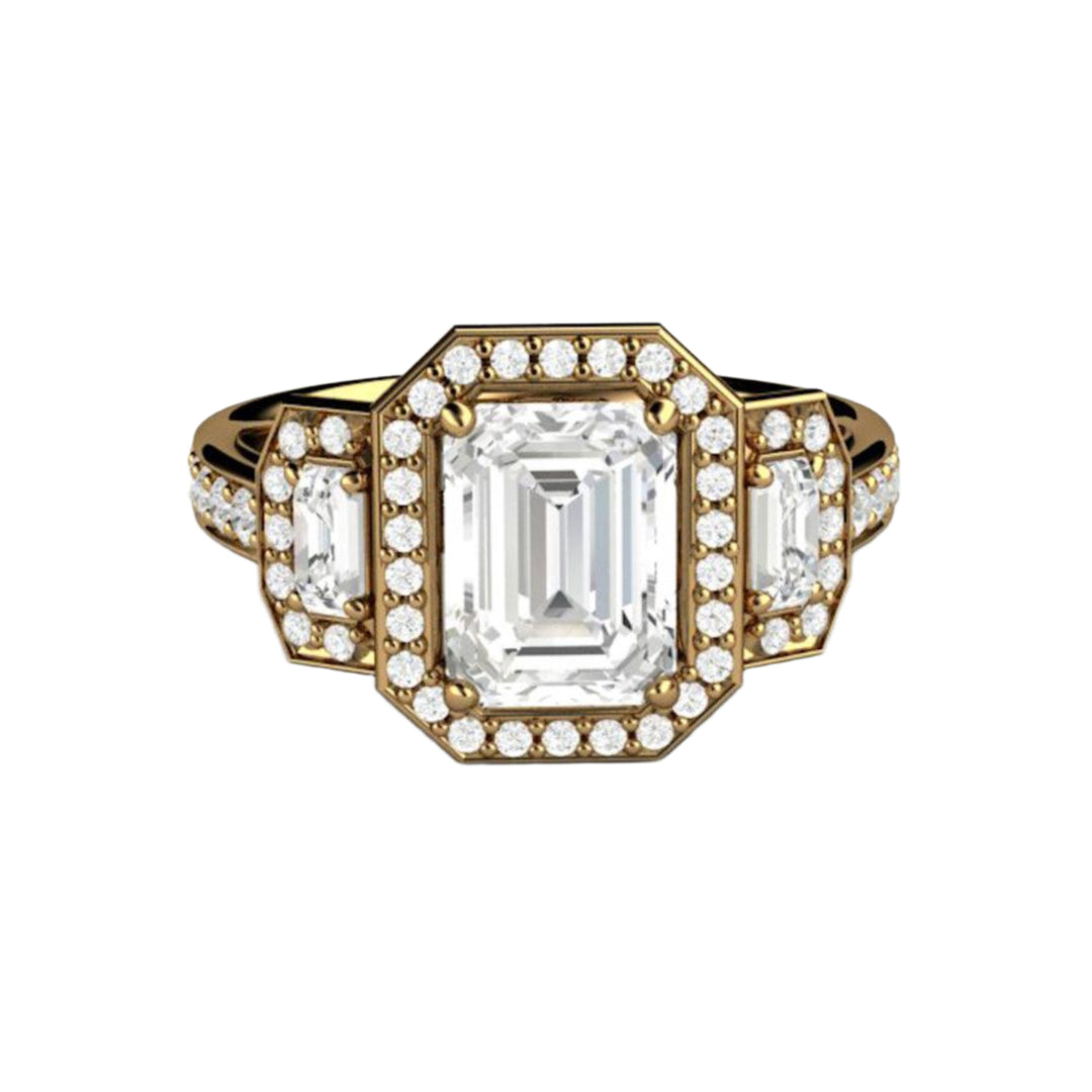 Three Stone Moissanite Engagement Ring in 18K Yellow Gold | Emerald Cut Moissanite Halo Ring with Diamond Accents | Rare Earth Jewelry