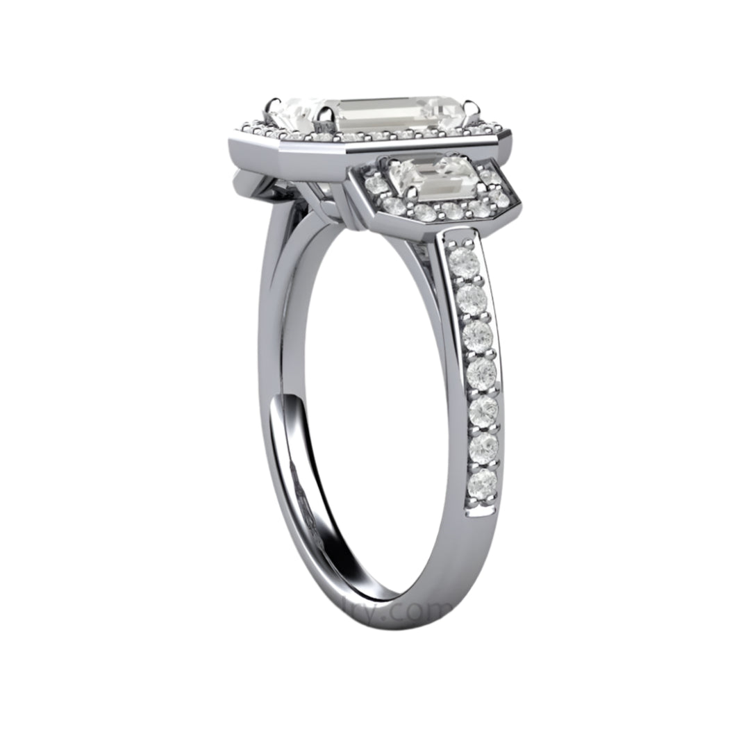 Moissanite Three Stone Engagement Ring | Emerald Cut Moissanite Halo Ring with Diamond Accents | Rare Earth Jewelry