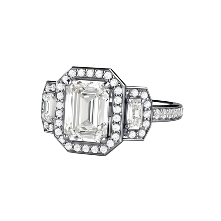 Moissanite Emerald Cut Engagement Ring | Three Stone Style with Halo in Gold or Platinum | Rare Earth Jewelry