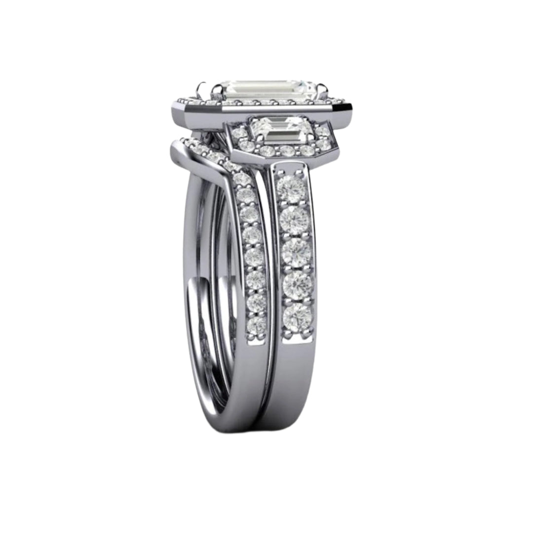 Three Stone Moissanite Engagement Ring | Emerald Cut Moissanite Halo Wedding Set Side View with Diamond Accents | Rare Earth Jewelry