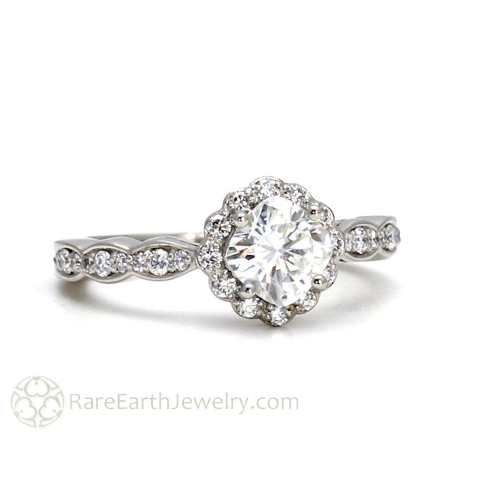 Moissanite Cushion Cut Engagement Ring | Vintage Style Diamond Halo, Rare Earth Jewelry