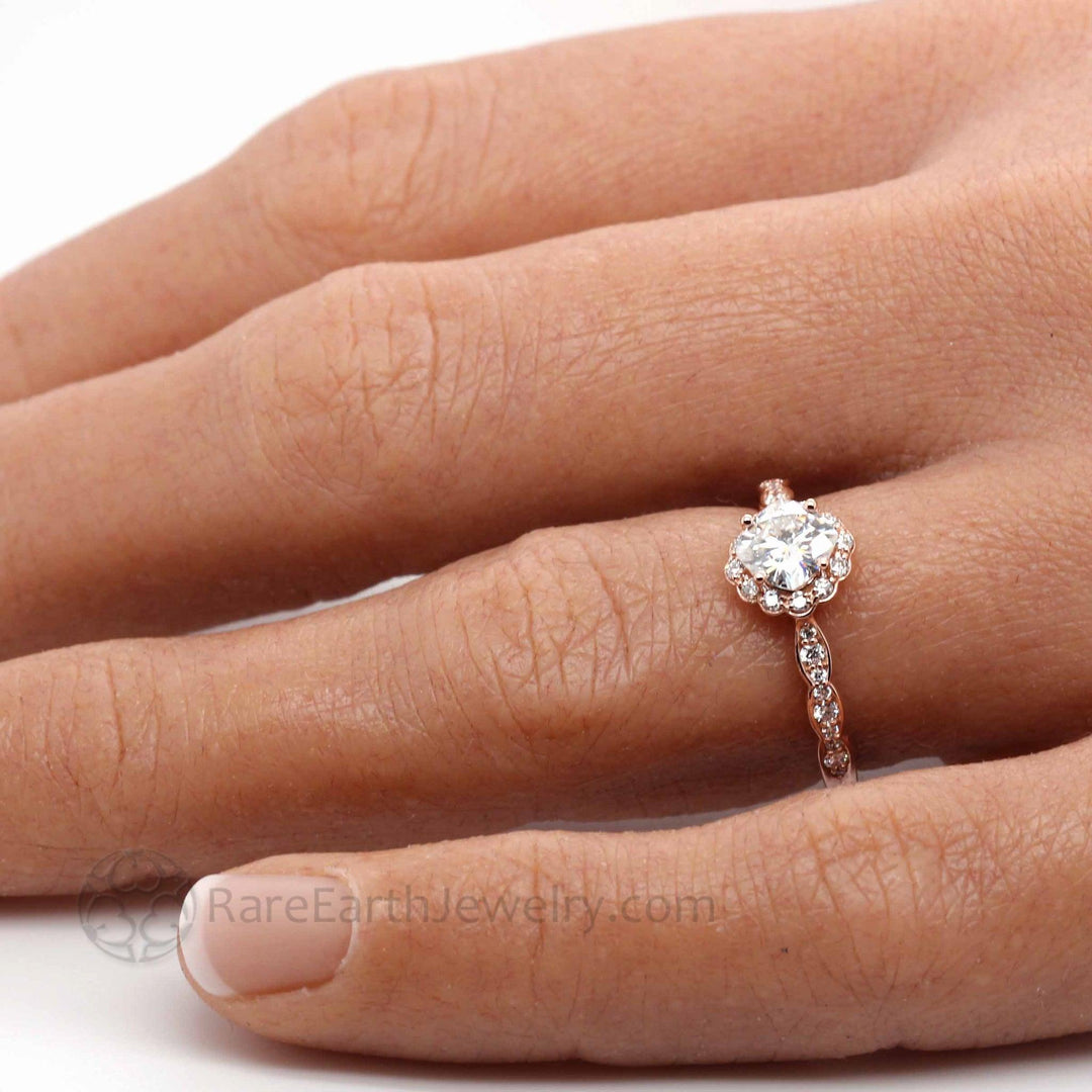 Moissanite Cushion Cut Engagement Ring | Vintage Style Diamond Halo, Rare Earth Jewelry