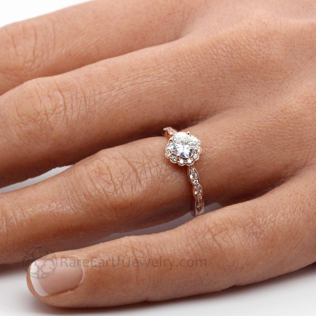 Moissanite Cushion Cut Engagement Ring | Vintage Style Diamond Halo, Rare Earth Jewelry