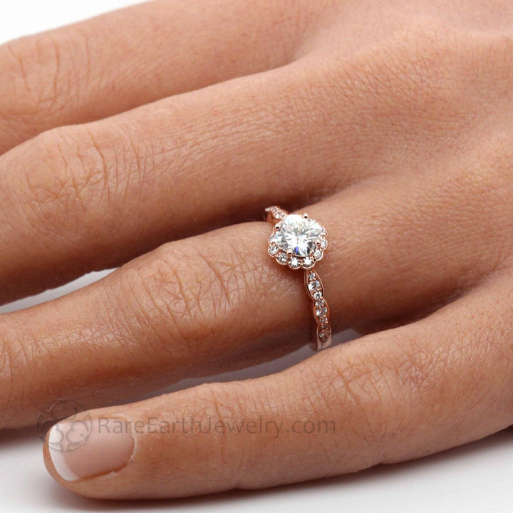 Moissanite Cushion Cut Engagement Ring | Vintage Style Diamond Halo, Rare Earth Jewelry