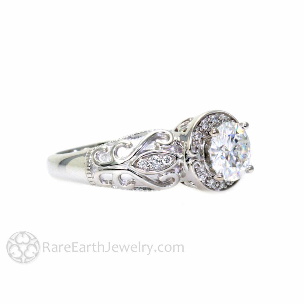 Art Deco Style Moissanite Engagement Ring Vintage Diamond Halo, Rare Earth Jewelry