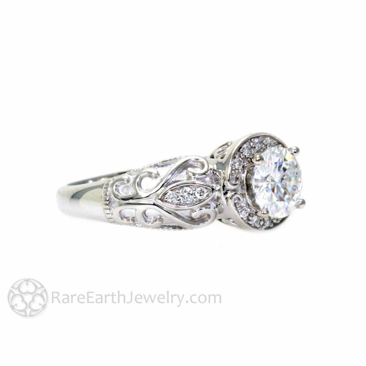 Art Deco Style Moissanite Engagement Ring Vintage Diamond Halo, Rare Earth Jewelry