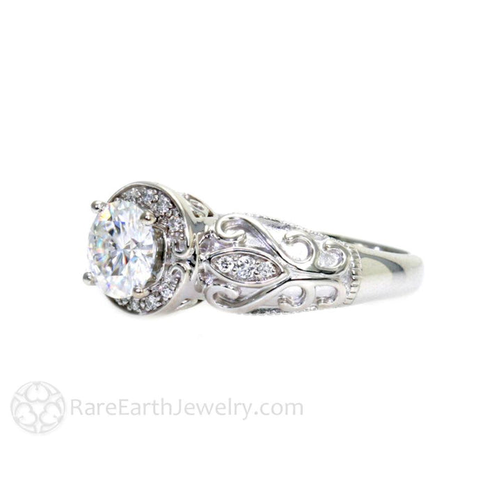 Art Deco Style Moissanite Engagement Ring Vintage Diamond Halo, Rare Earth Jewelry