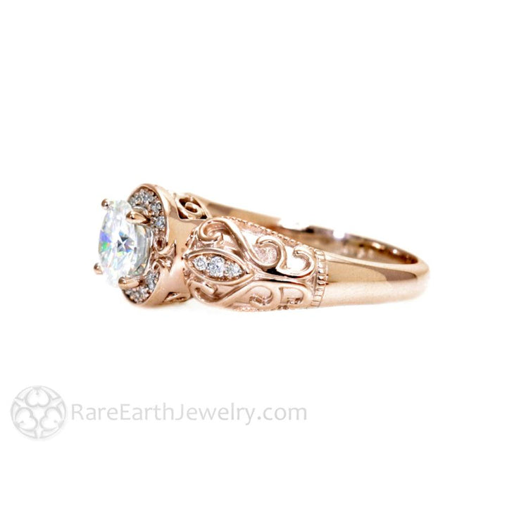 Art Deco Style Moissanite Engagement Ring Vintage Diamond Halo, Rare Earth Jewelry