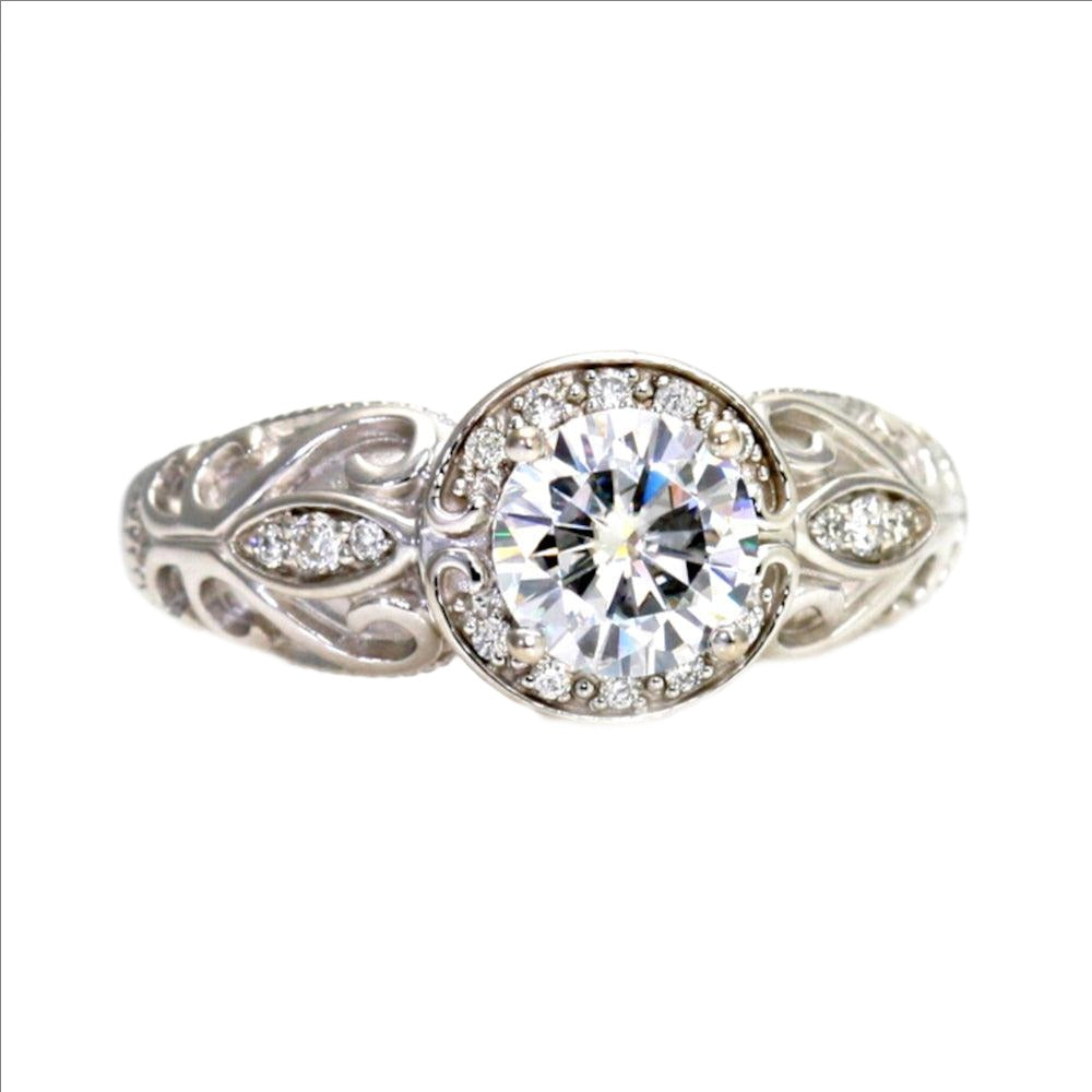 Art Deco Style Moissanite Engagement Ring Vintage Diamond Halo, Rare Earth Jewelry