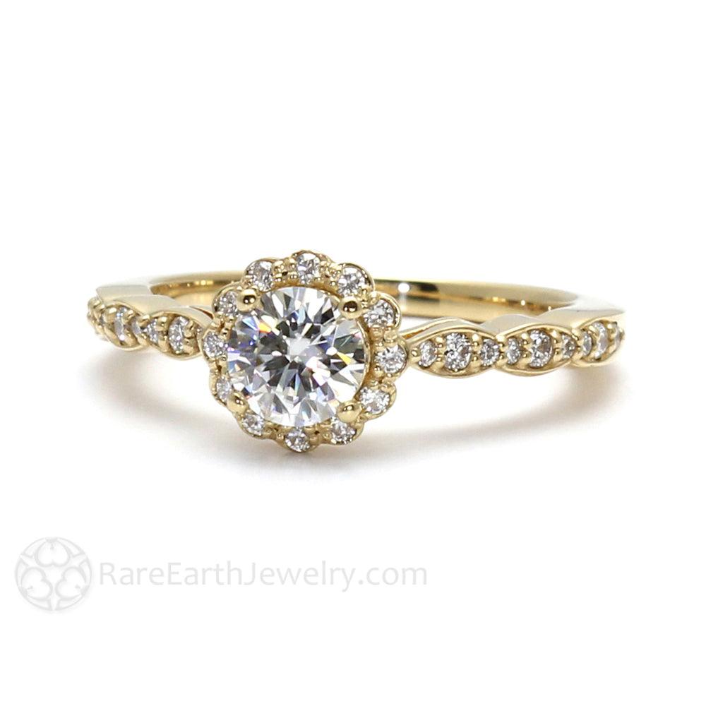 Round Moissanite Halo Engagement Ring Vintage Inspired Design, Rare Earth Jewelry