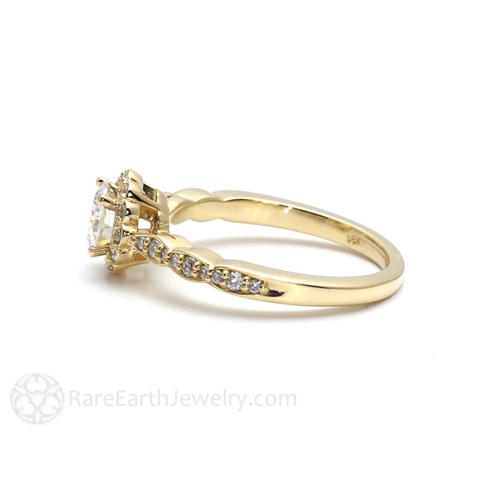 Round Moissanite Halo Engagement Ring Vintage Inspired Design, Rare Earth Jewelry