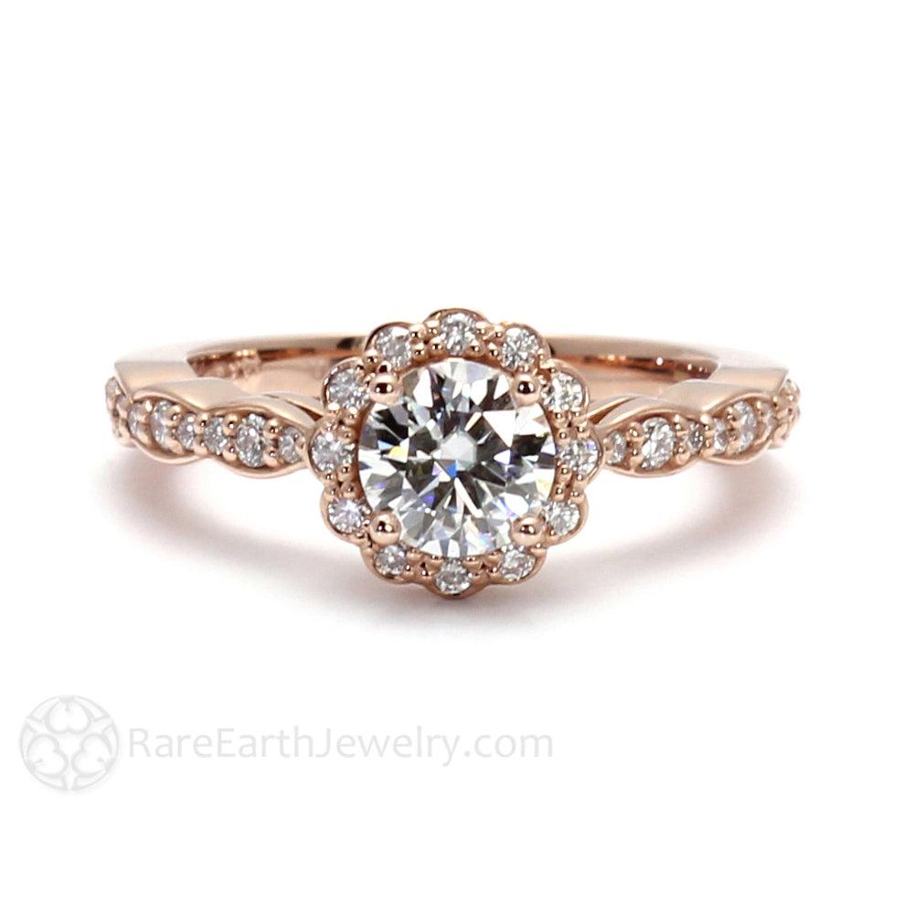 Round Moissanite Halo Engagement Ring Vintage Inspired Design, Rare Earth Jewelry
