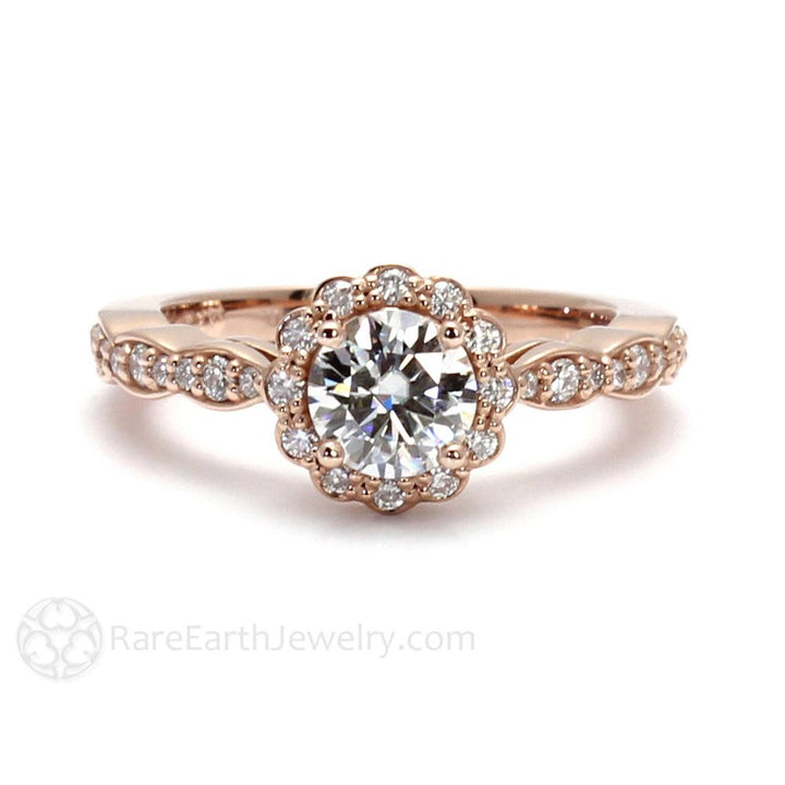Round Moissanite Halo Engagement Ring Vintage Inspired Design, Rare Earth Jewelry