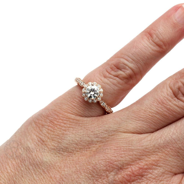 Round Moissanite Halo Engagement Ring Vintage Inspired Design, Rare Earth Jewelry