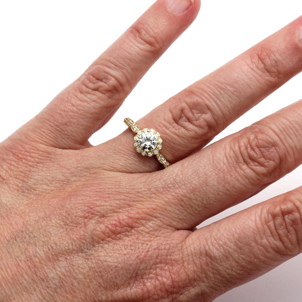 Round Moissanite Halo Engagement Ring Vintage Inspired Design, Rare Earth Jewelry