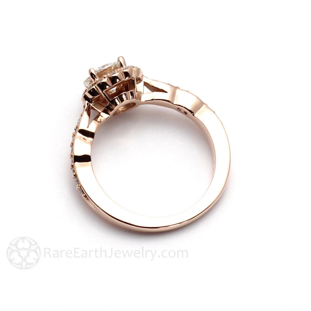 Round Moissanite Halo Engagement Ring Vintage Inspired Design, Rare Earth Jewelry