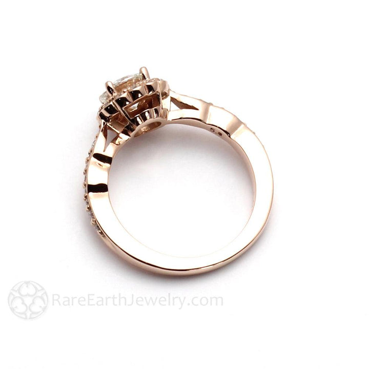 Round Moissanite Halo Engagement Ring Vintage Inspired Design, Rare Earth Jewelry