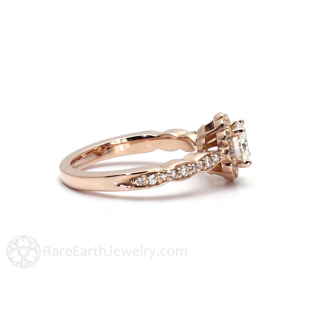 Round Moissanite Halo Engagement Ring Vintage Inspired Design, Rare Earth Jewelry