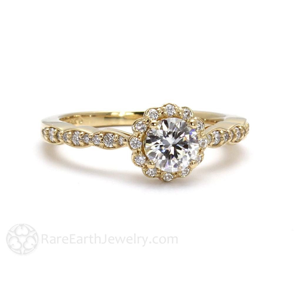 Round Moissanite Halo Engagement Ring Vintage Inspired Design, Rare Earth Jewelry