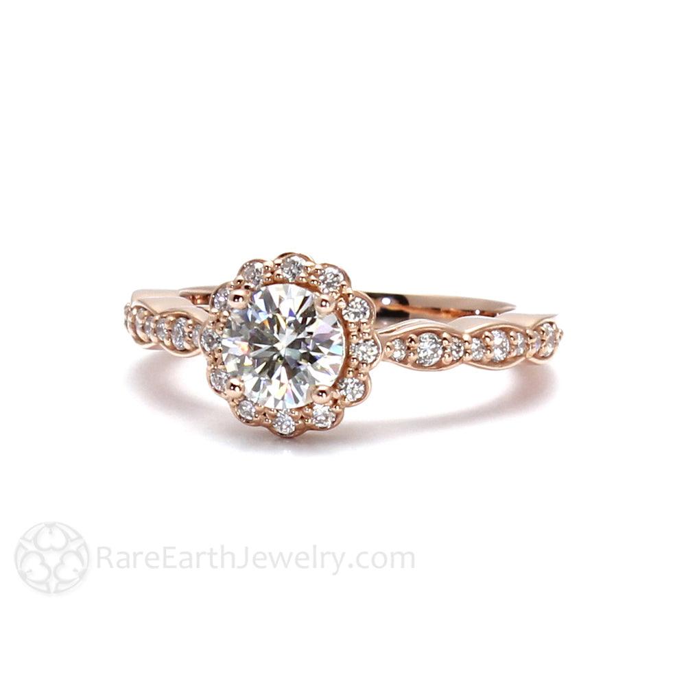 Round Moissanite Halo Engagement Ring Vintage Inspired Design, Rare Earth Jewelry