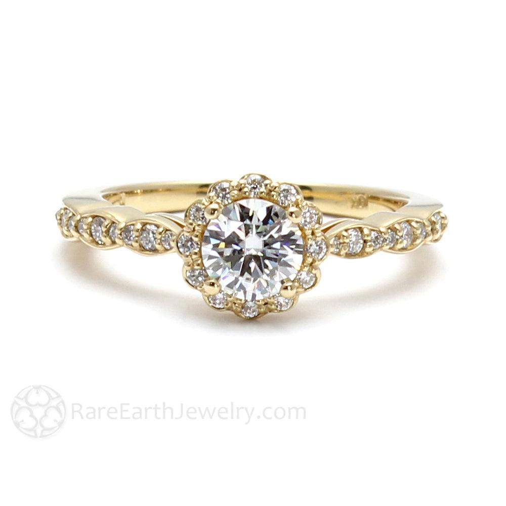 Round Moissanite Halo Engagement Ring Vintage Inspired Design, Rare Earth Jewelry