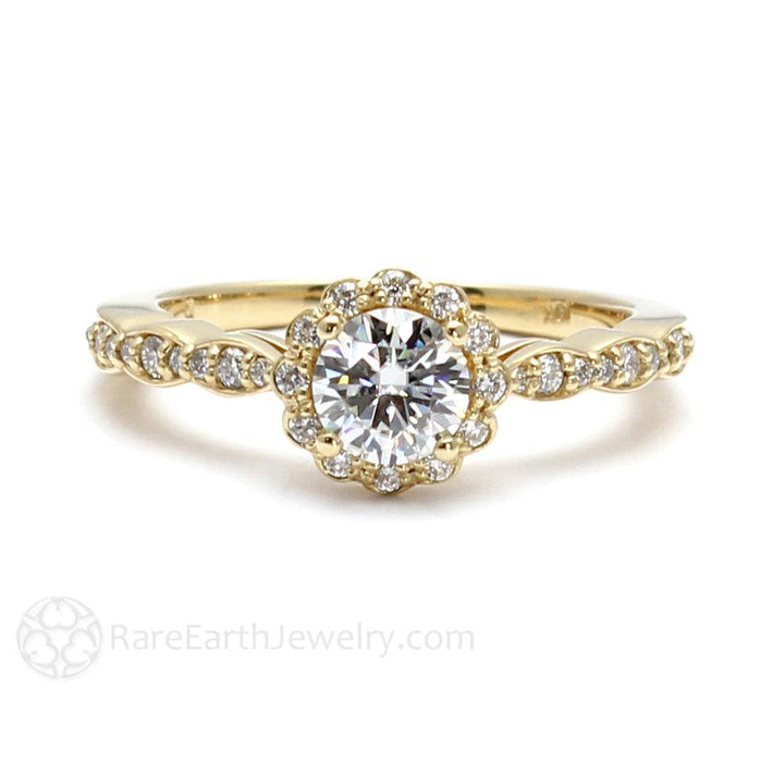Round Moissanite Halo Engagement Ring Vintage Inspired Design, Rare Earth Jewelry