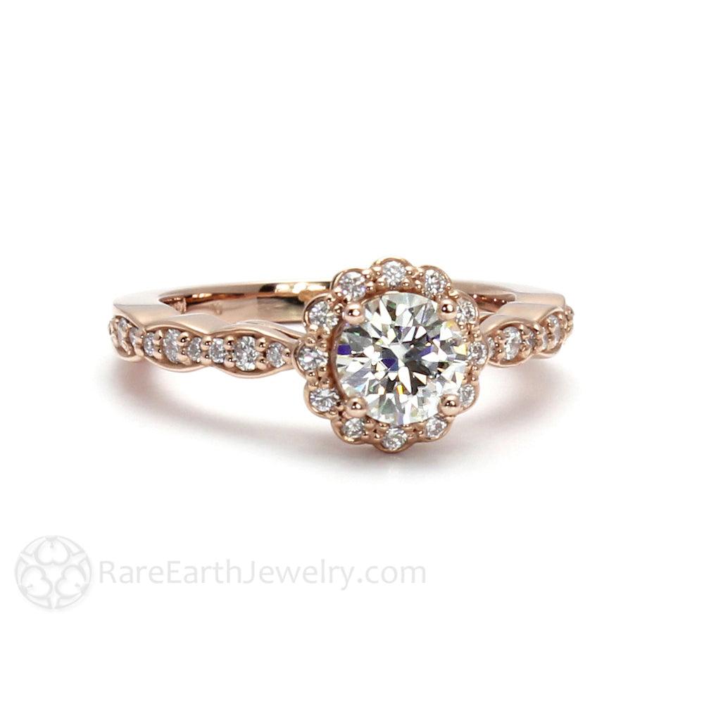 Round Moissanite Halo Engagement Ring Vintage Inspired Design, Rare Earth Jewelry