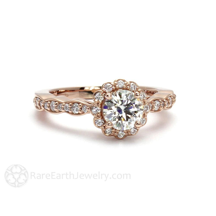 Round Moissanite Halo Engagement Ring Vintage Inspired Design, Rare Earth Jewelry