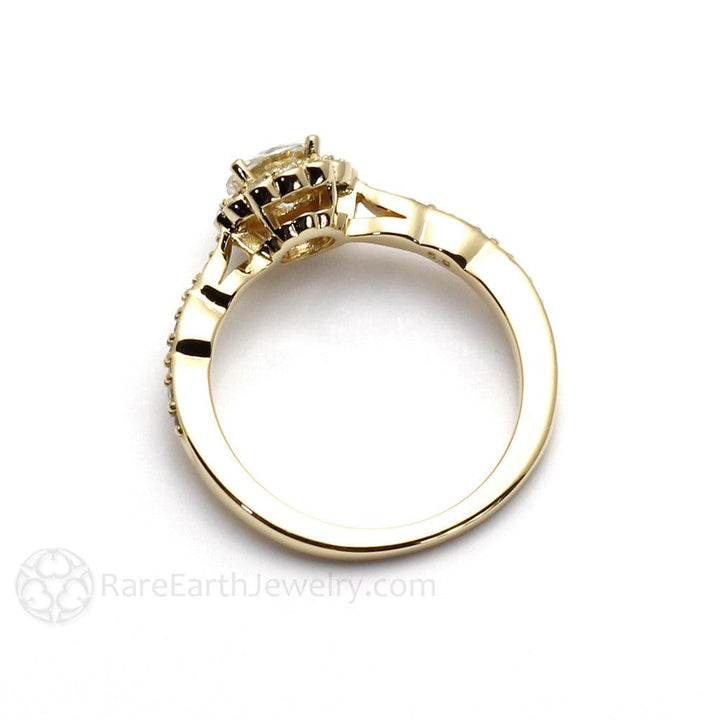 Round Moissanite Halo Engagement Ring Vintage Inspired Design, Rare Earth Jewelry