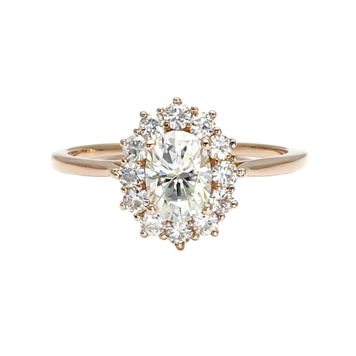 Oval Moissanite Engagement Ring | Vintage Halo Cluster Design, Rare Earth Jewelry