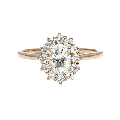 Moissanite Oval Halo Engagement Ring Vintage Cluster Style 18K Rose Gold - Rare Earth Jewelry