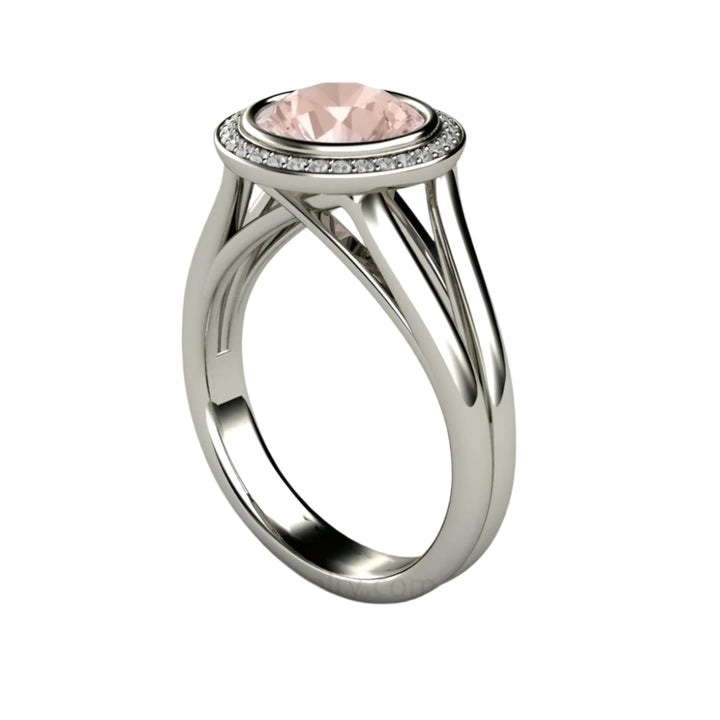 Round Morganite Engagement Ring, Woven Cathedral Setting with Diamond Halo and Bezel Set Peach Pink Natural Gemstone | Rare Earth Jewelry
