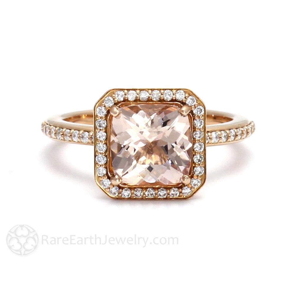Morganite Cushion Halo Engagement Ring with Diamonds, Rare Earth Jewelry