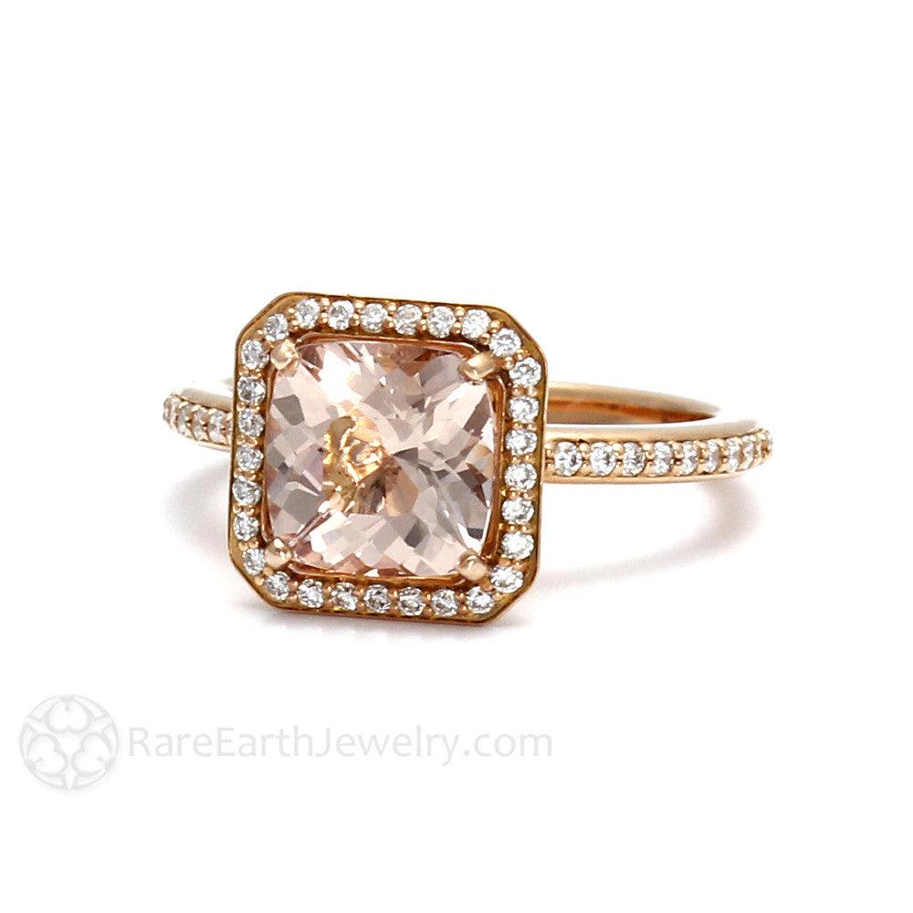 Morganite Cushion Halo Engagement Ring with Diamonds, Rare Earth Jewelry