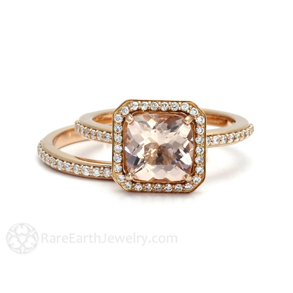 Morganite Cushion Halo Engagement Ring with Diamonds, Rare Earth Jewelry