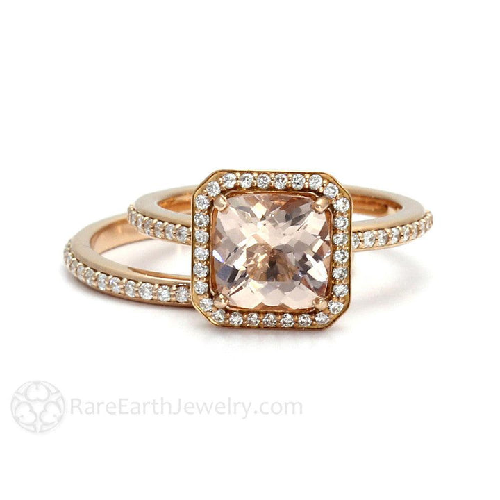 Morganite Cushion Halo Engagement Ring with Diamonds, Rare Earth Jewelry