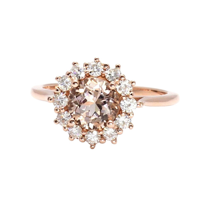 Morganite Engagement Ring Diamond Halo Cluster, Rare Earth Jewelry